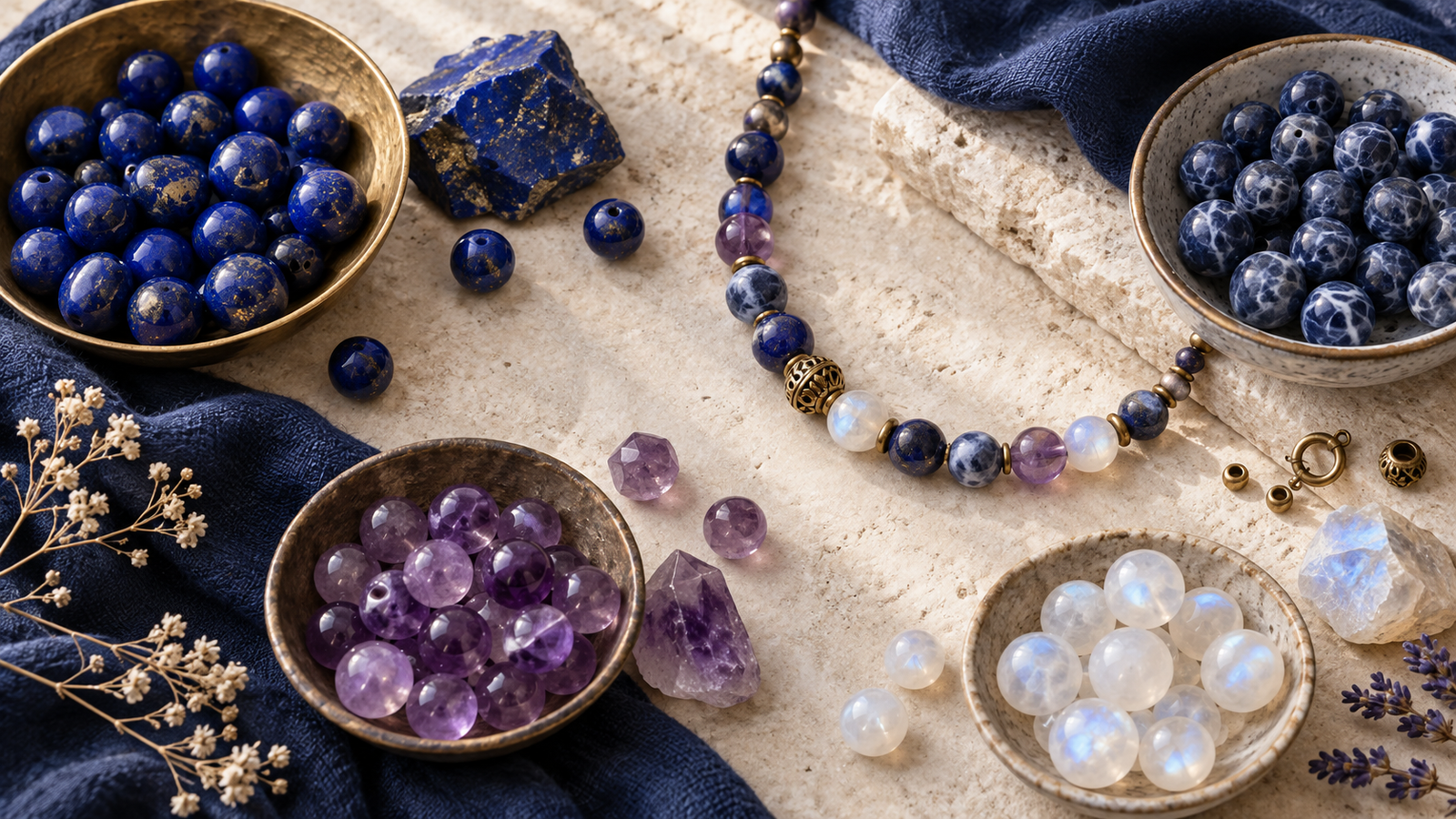 Lapis-lazuli, sodalite, améthyste et pierre de lune disposés autour d'un collier