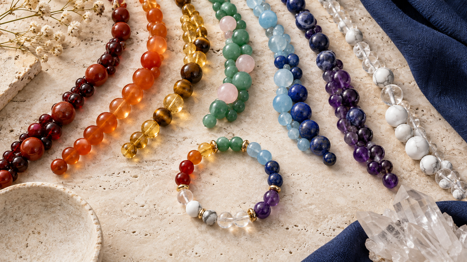 Sept familles de perles naturelles du rouge au blanc disposées autour d'un bracelet