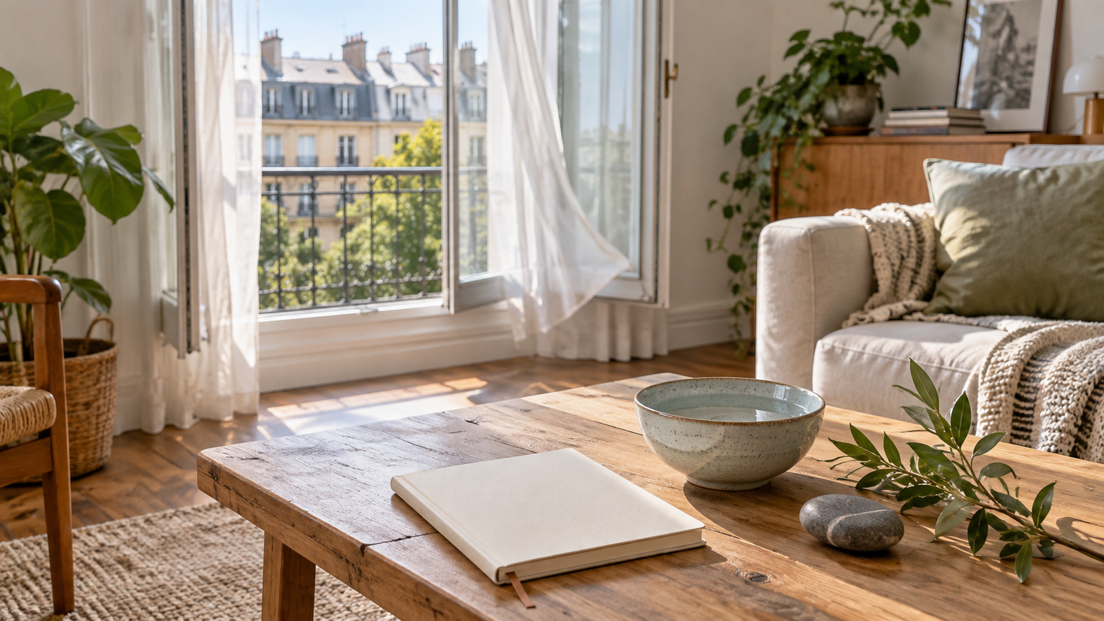 Salon aéré avec journal, bol d’eau et pierre sur une table en bois