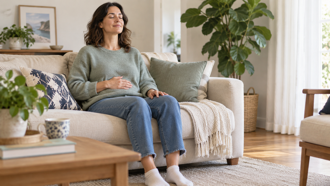 Femme pratiquant une relaxation simple sur son canapé à la maison