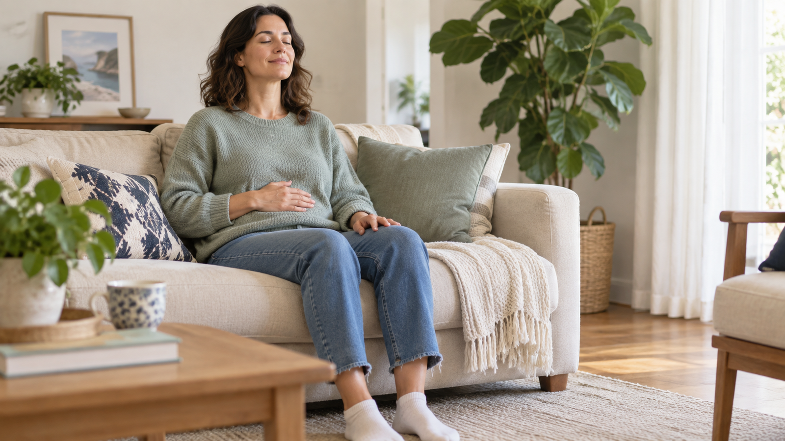 Femme pratiquant une relaxation simple sur son canapé à la maison