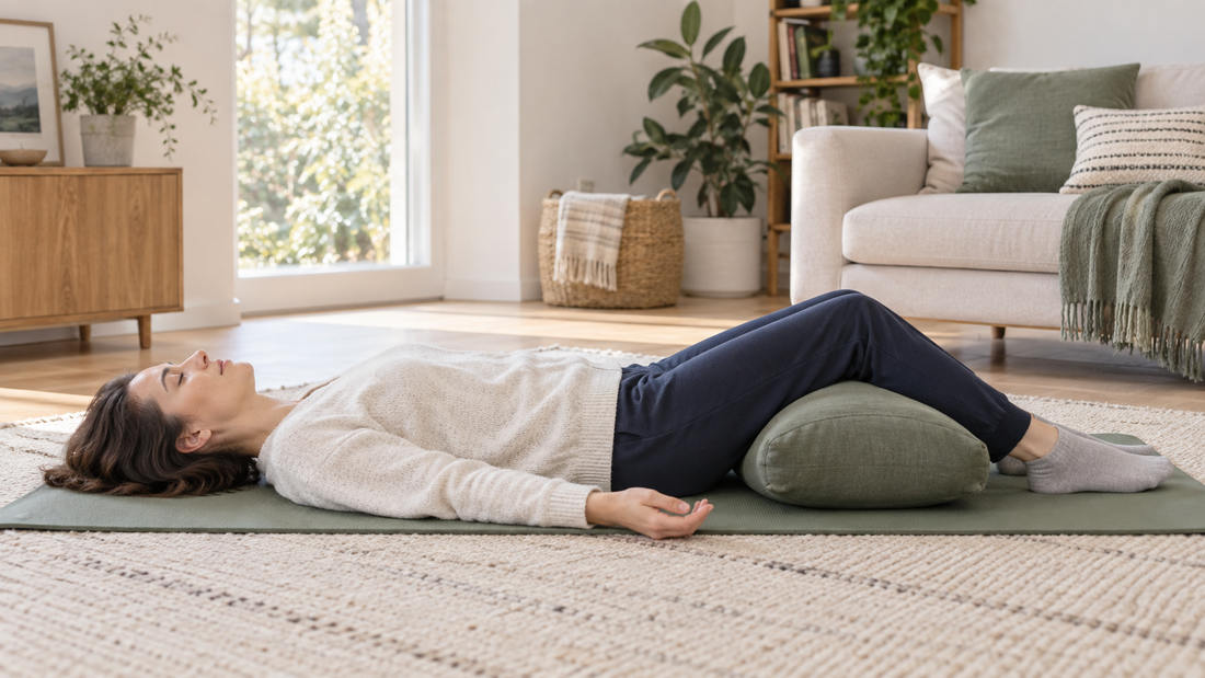 Femme allongée confortablement avec les genoux soutenus pour un scan corporel