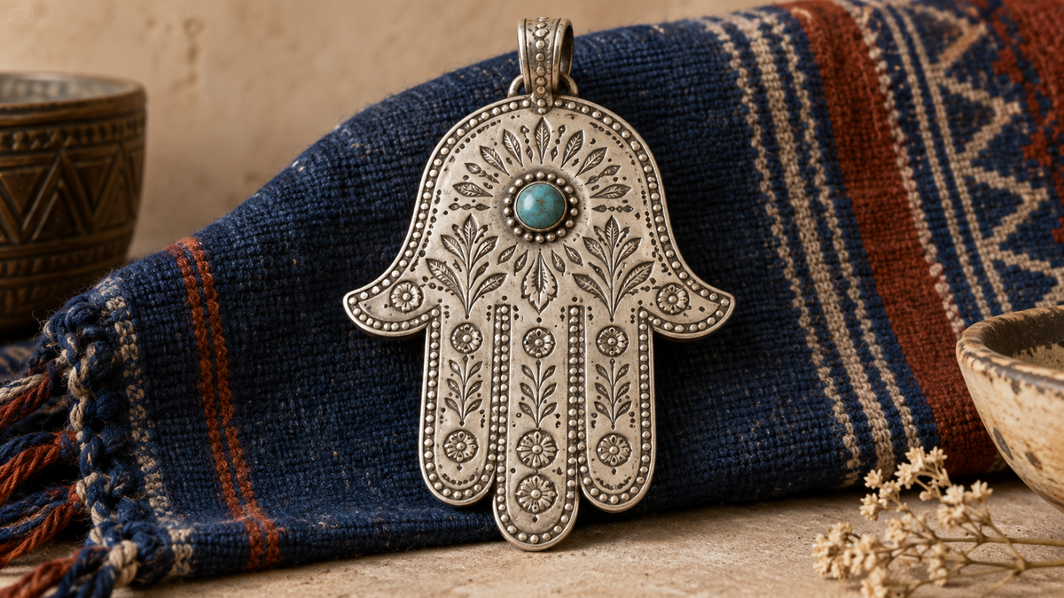 Pendentif hamsa en argent gravé posé sur un textile bleu et terracotta