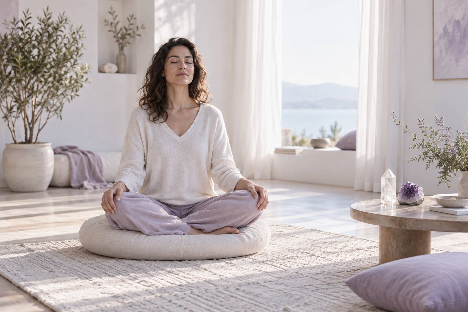 Personne en méditation silencieuse dans une pièce lumineuse blanche et violet pâle