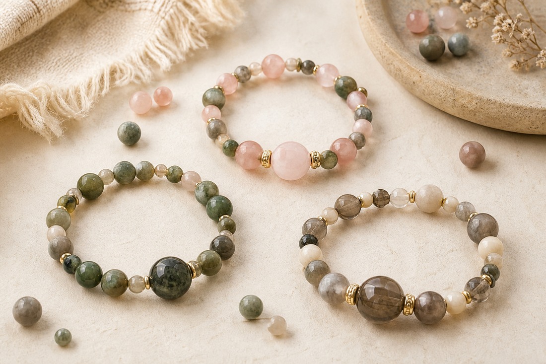 Bracelets en pierres naturelles composés avec plusieurs diamètres de perles