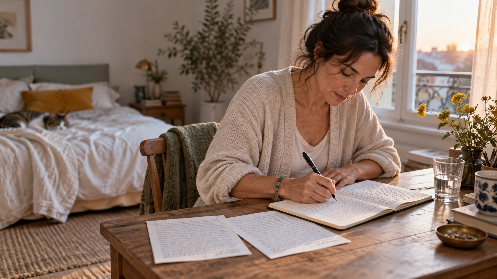 Femme écrivant ses Morning Pages à la main au lever du jour