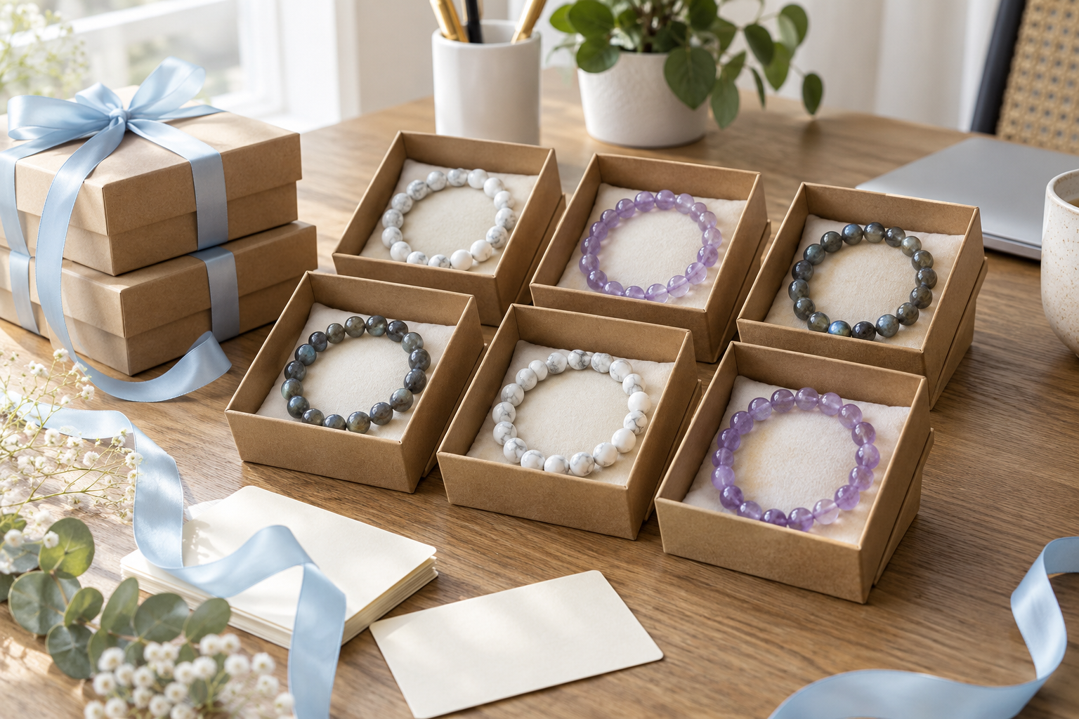 Cadeaux d’entreprise avec bracelets en pierres et boîtes coordonnées
