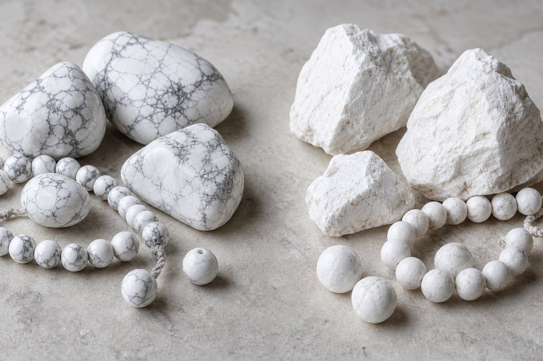 Howlite blanche veinée comparée à de la magnésite blanche