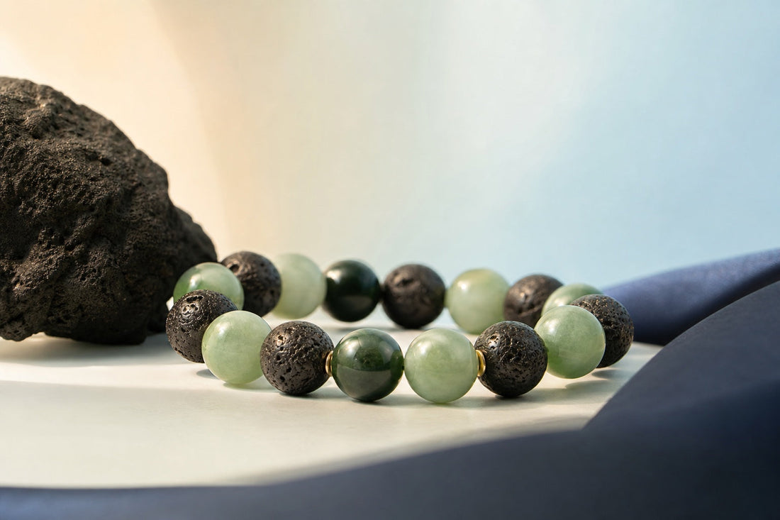 Bracelet associant pierre de lave noire et jade vert