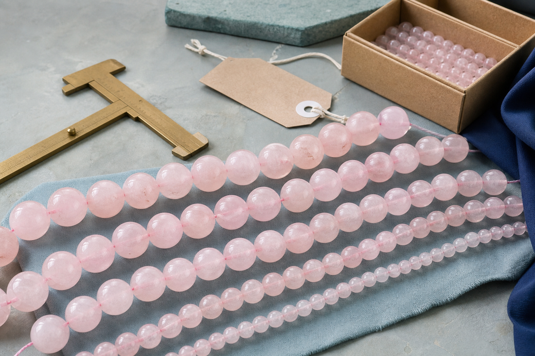 Fils de perles en quartz rose en gros avec calibres et boîte d’échantillons