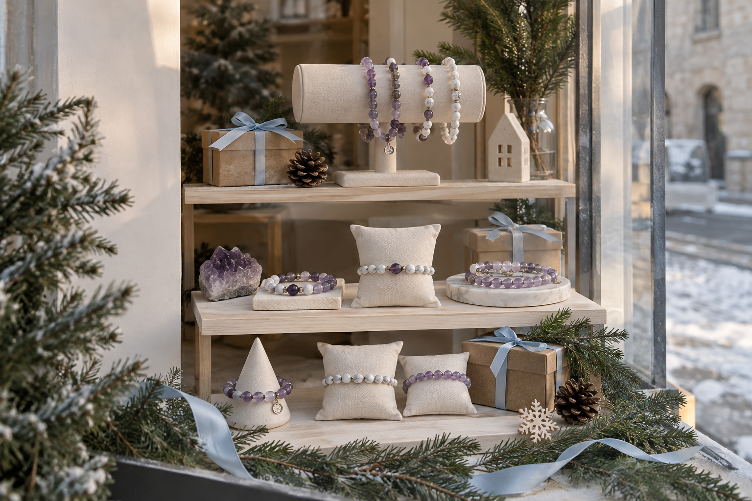 Vitrine de Noël sobre pour bijoux en pierres