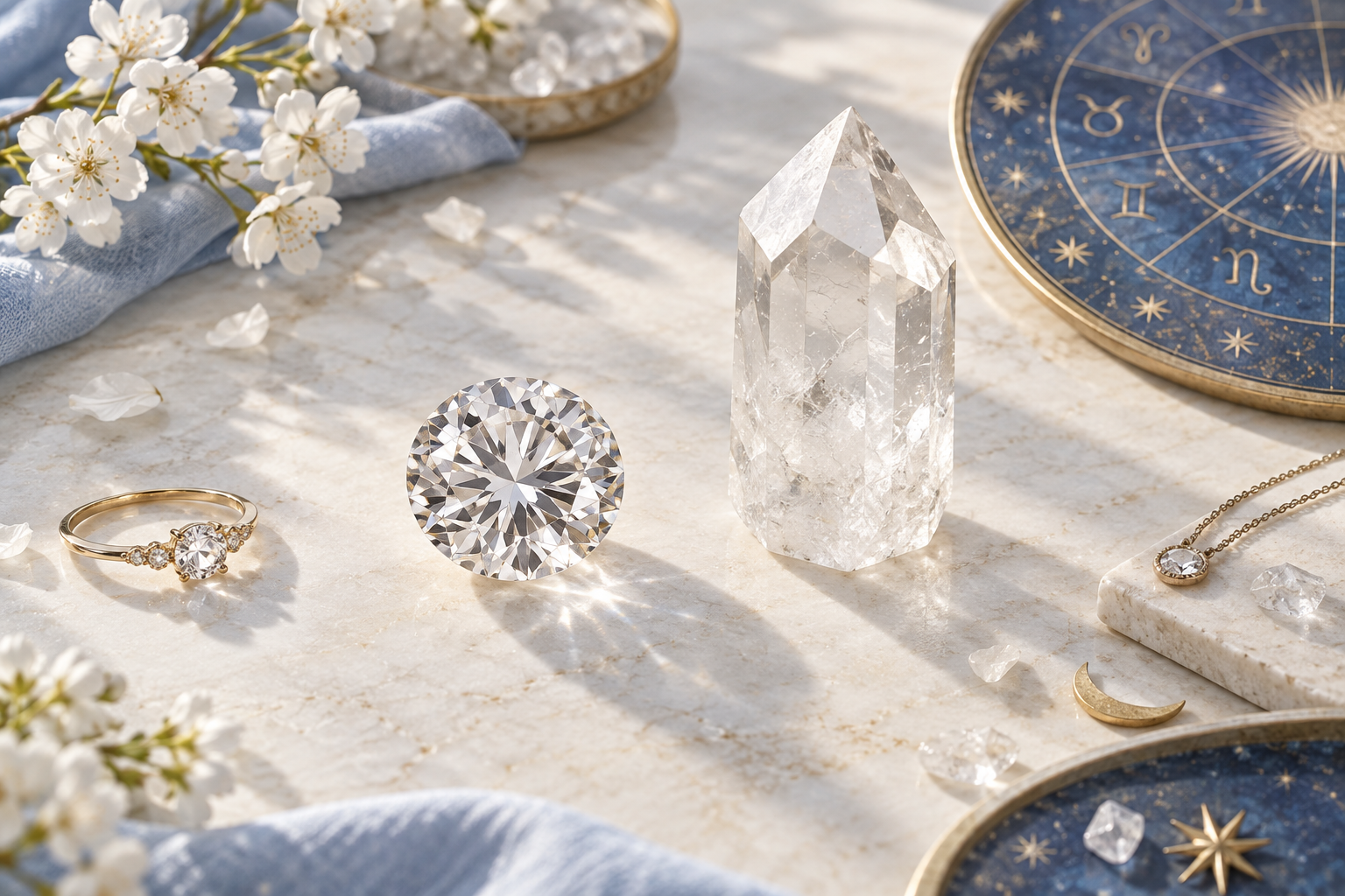Diamant et cristal de roche près d’un zodiaque bleu