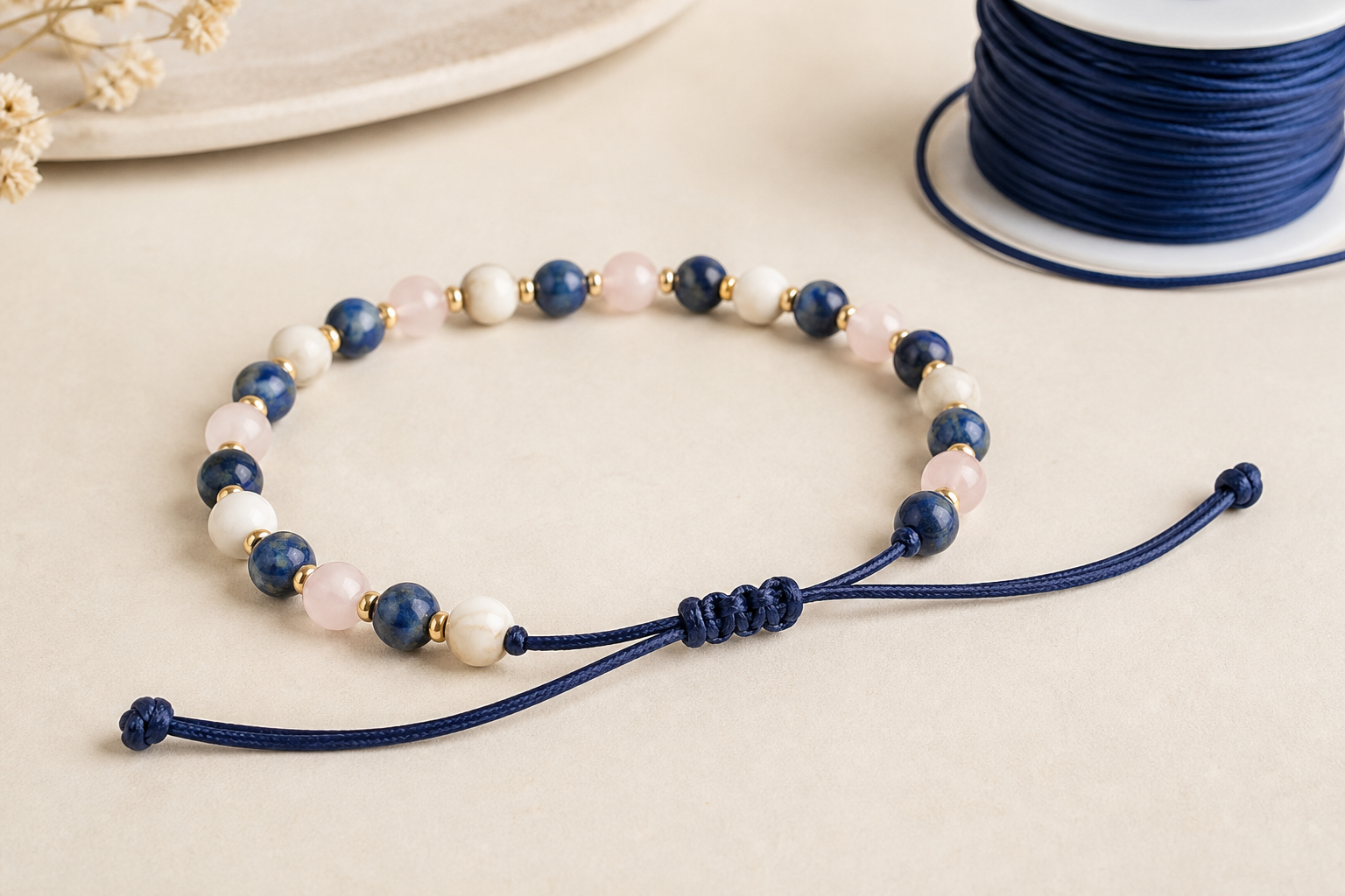 Bracelet de perles naturelles terminé par une fermeture coulissante en cordon ciré