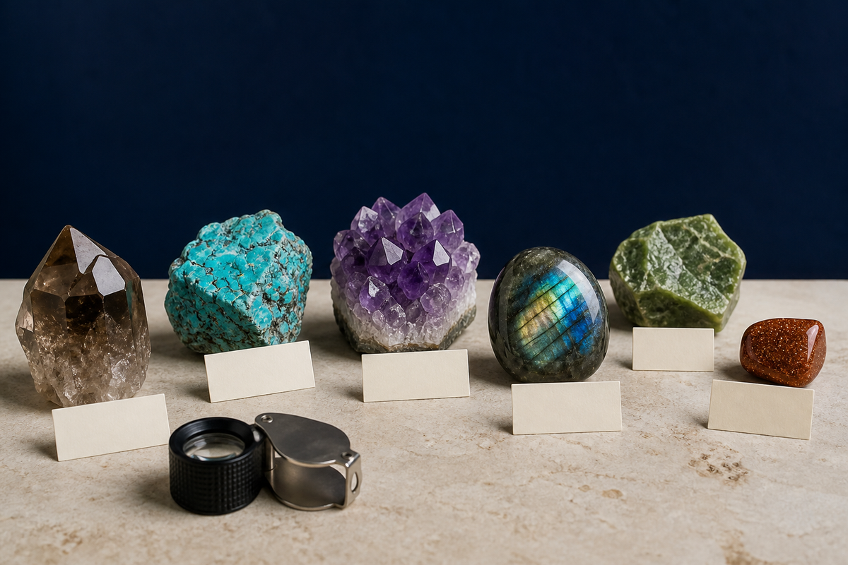Collection de quartz fumé, turquoise, améthyste, labradorite, serpentine et verre aventuriné avec fiches d’identification