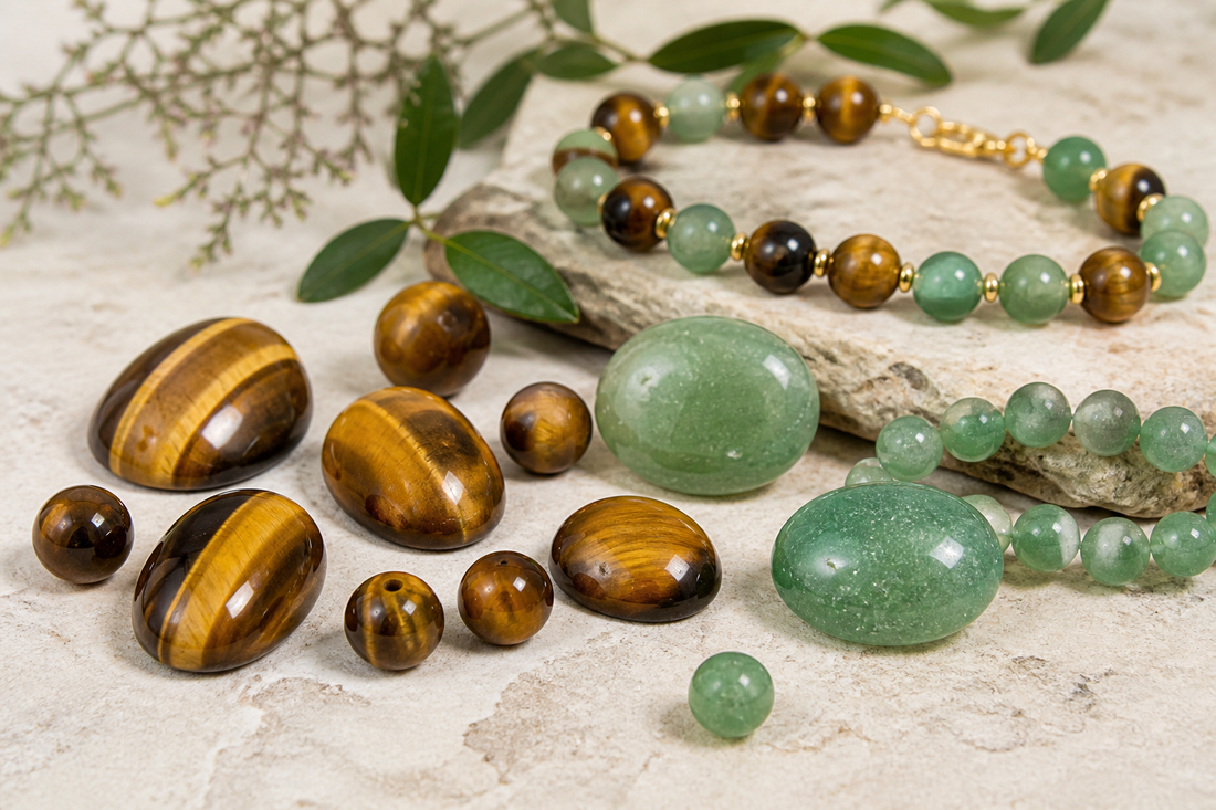 Œil de tigre et aventurine verte associés en pierres et bracelet