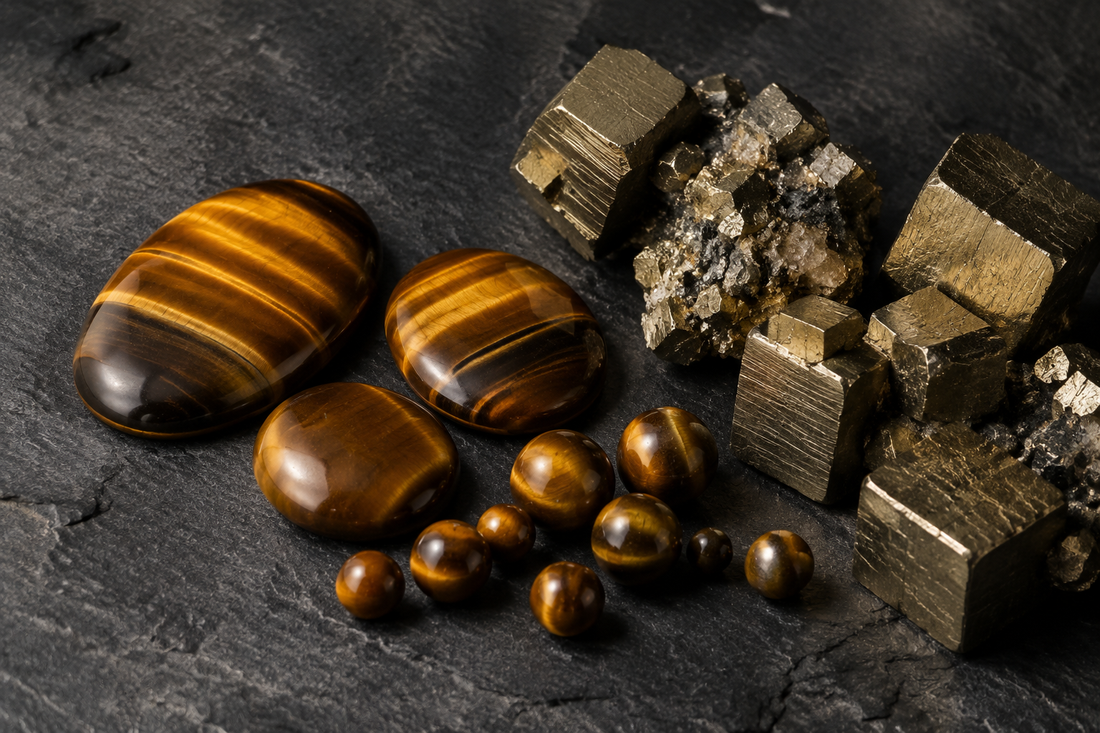 Œil de tigre poli et cristaux cubiques de pyrite sur ardoise sombre