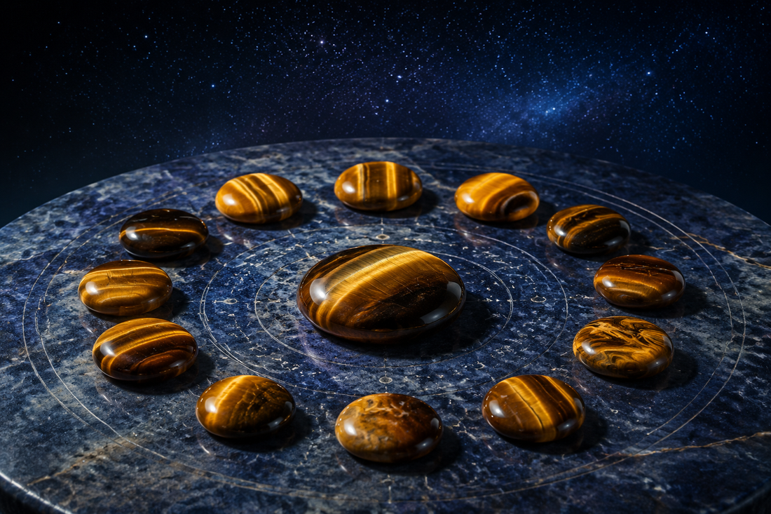 Douze cabochons d’œil de tigre disposés en cercle sous un ciel étoilé