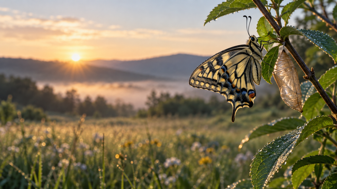 Papillon posé près d’une chrysalide vide au lever du jour