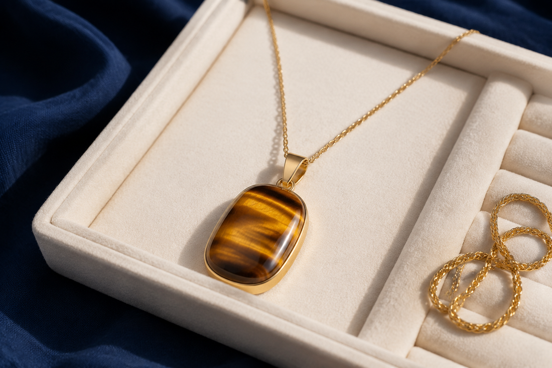 Pendentif en œil de tigre doré sur chaîne dans un écrin clair
