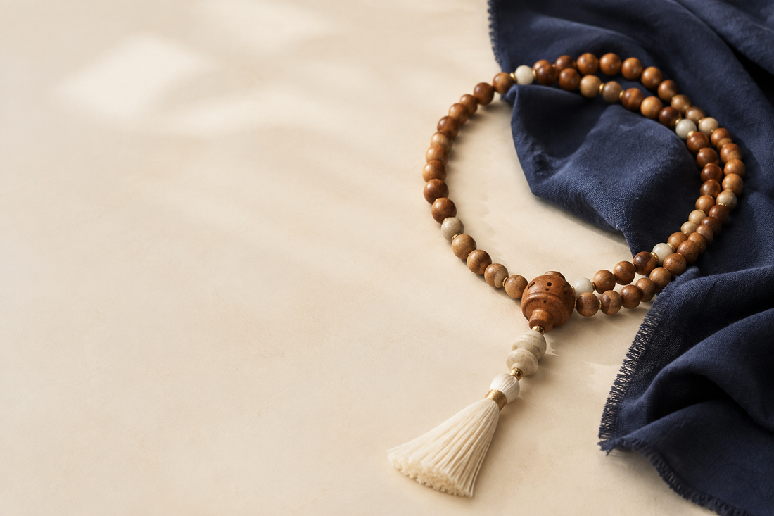 Mala en bois avec perle guru distincte, perle tour et pompon à la jonction du rang
