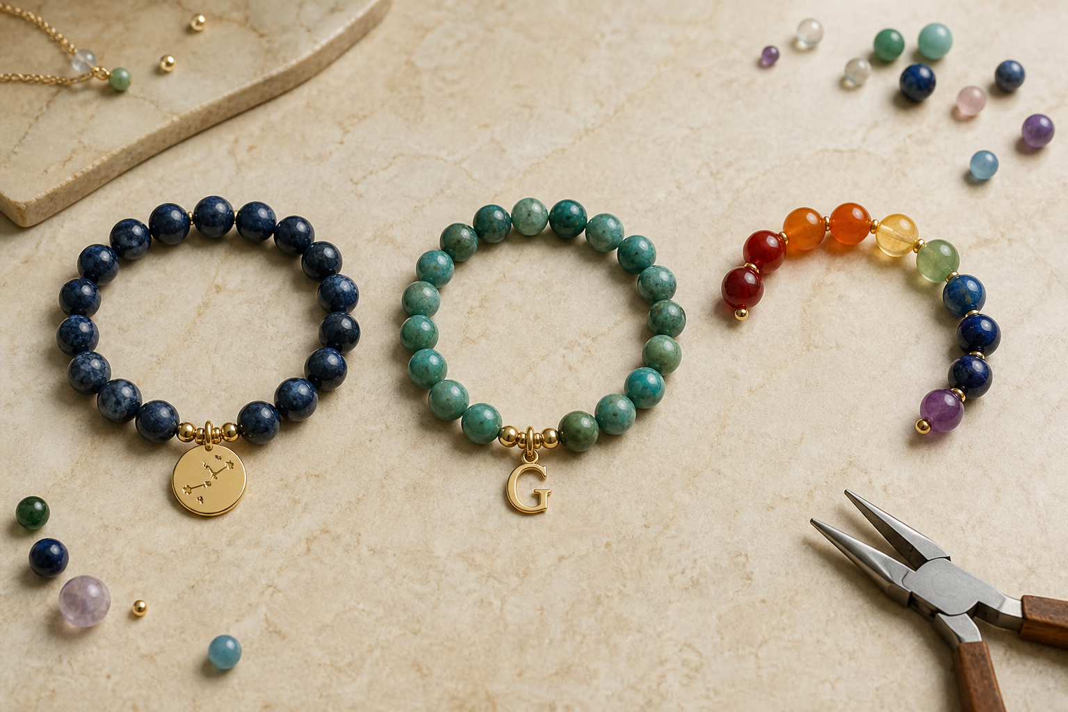 Trois bracelets personnalisés avec signe astrologique, initiale et sept pierres colorées