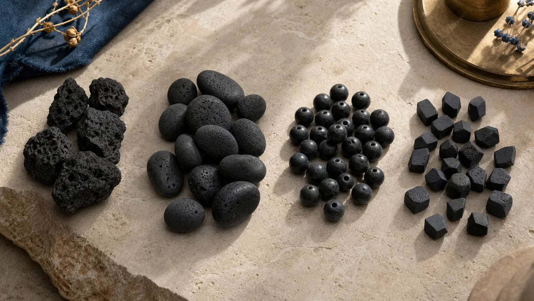 Comparaison de pierre de lave brute, roulée, polie et taillée