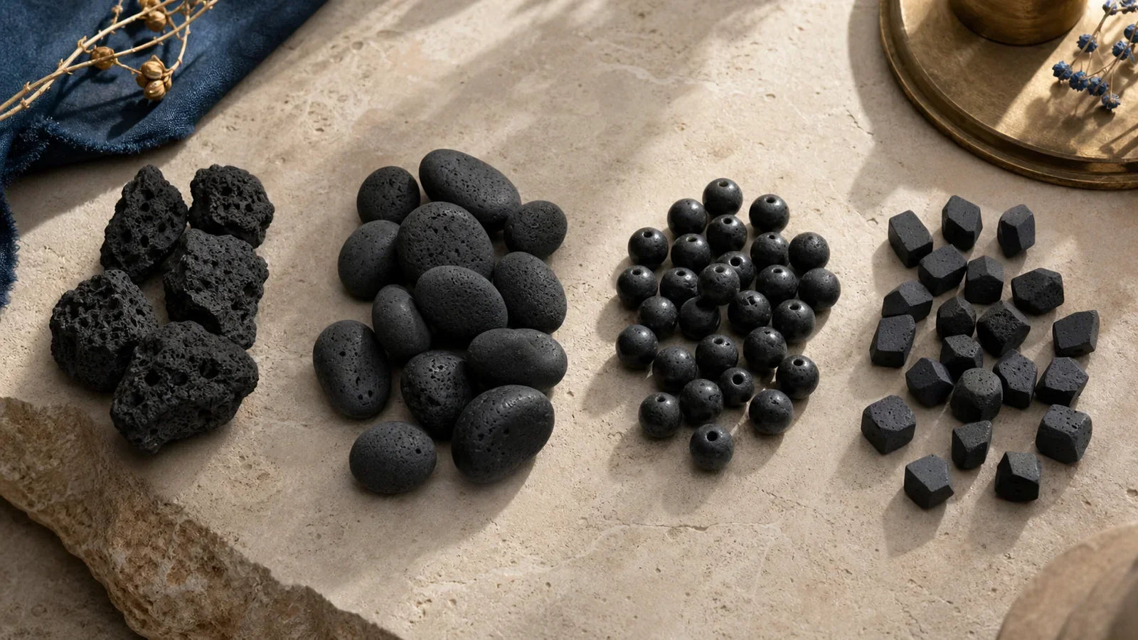 Comparaison de pierre de lave brute, roulée, polie et taillée