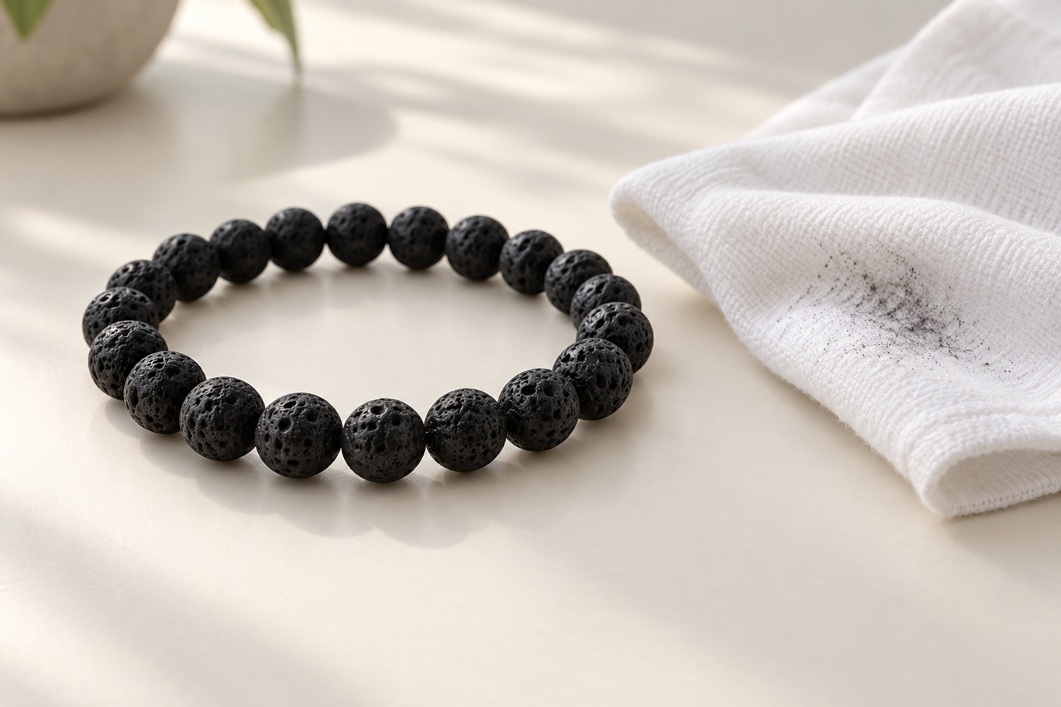 Illustration générée d’un bracelet en lave près d’une trace sombre sur un chiffon.