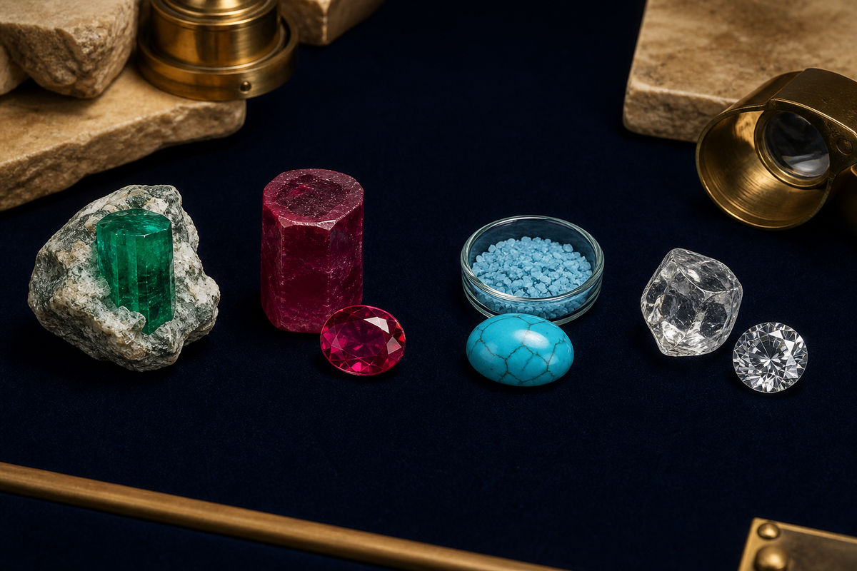 Comparaison éditoriale entre cristal naturel, cristal de laboratoire, matière reconstituée et imitation transparente