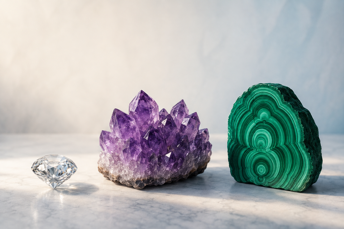Diamant, améthyste et malachite comparant les catégories de gemmes