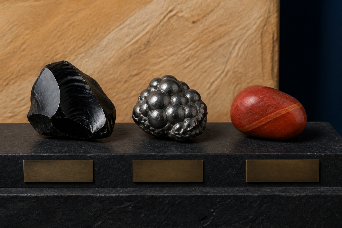 Obsidienne noire, hématite métallique et jaspe rouge présentés côte à côte