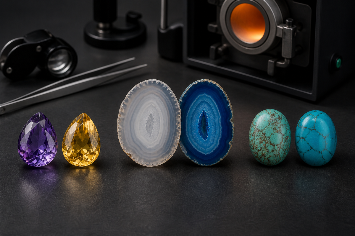 Exemples pédagogiques de quartz chauffé, agate teintée et turquoise stabilisée