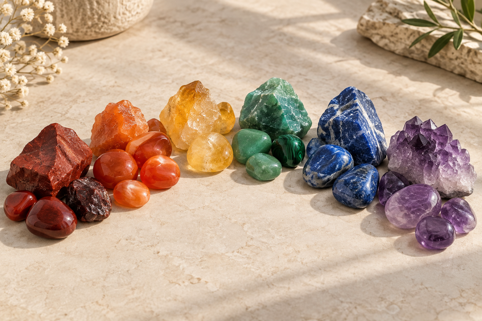 Pierres naturelles rouges, orange, jaunes, vertes, bleues et violettes disposées en dégradé