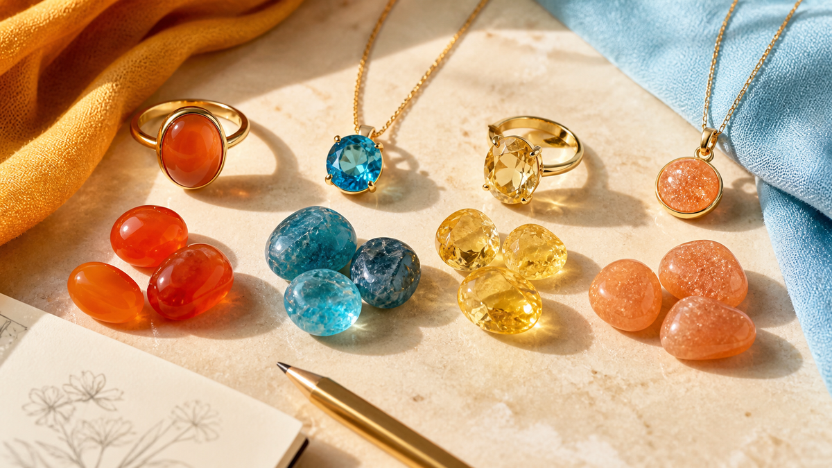 Cornaline, apatite bleue, citrine et pierre de soleil accompagnées de bijoux dorés