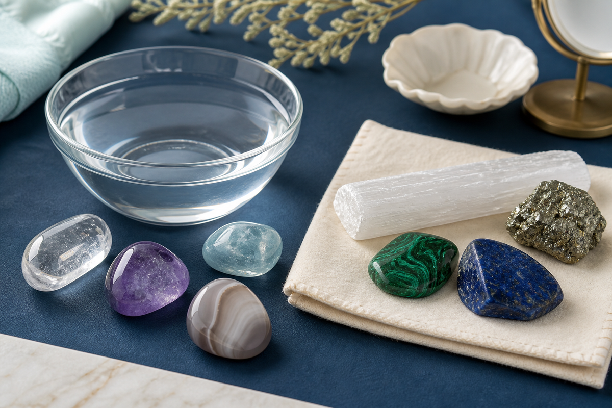 Quartz, améthyste, aigue-marine et agate près d’un bol d’eau, séparés de sélénite, pyrite, malachite et lapis-lazuli gardés au sec