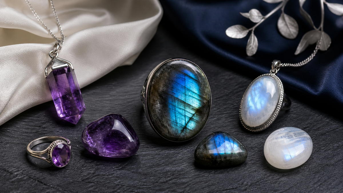 Améthyste, labradorite et pierre de lune présentées avec des bijoux en argent