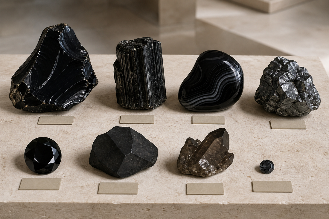 Collection comparative de pierres noires : obsidienne, tourmaline, onyx, hématite, spinelle et quartz fumé