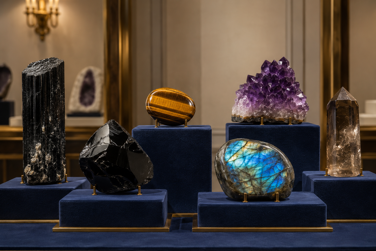 Tourmaline noire, obsidienne, œil de tigre, labradorite, améthyste et quartz fumé