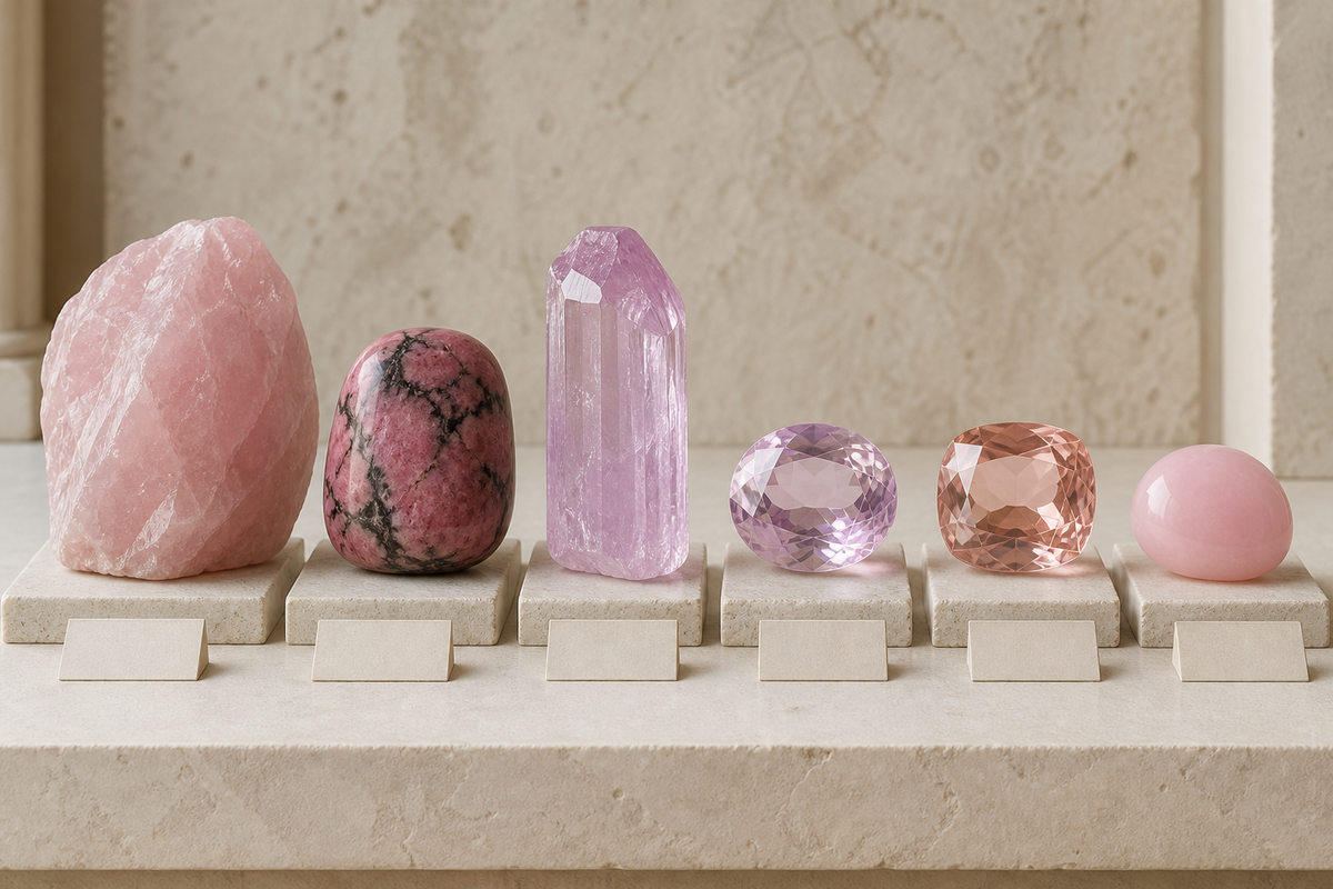 Collection de pierres roses : quartz rose, rhodonite, kunzite, morganite et opale rose