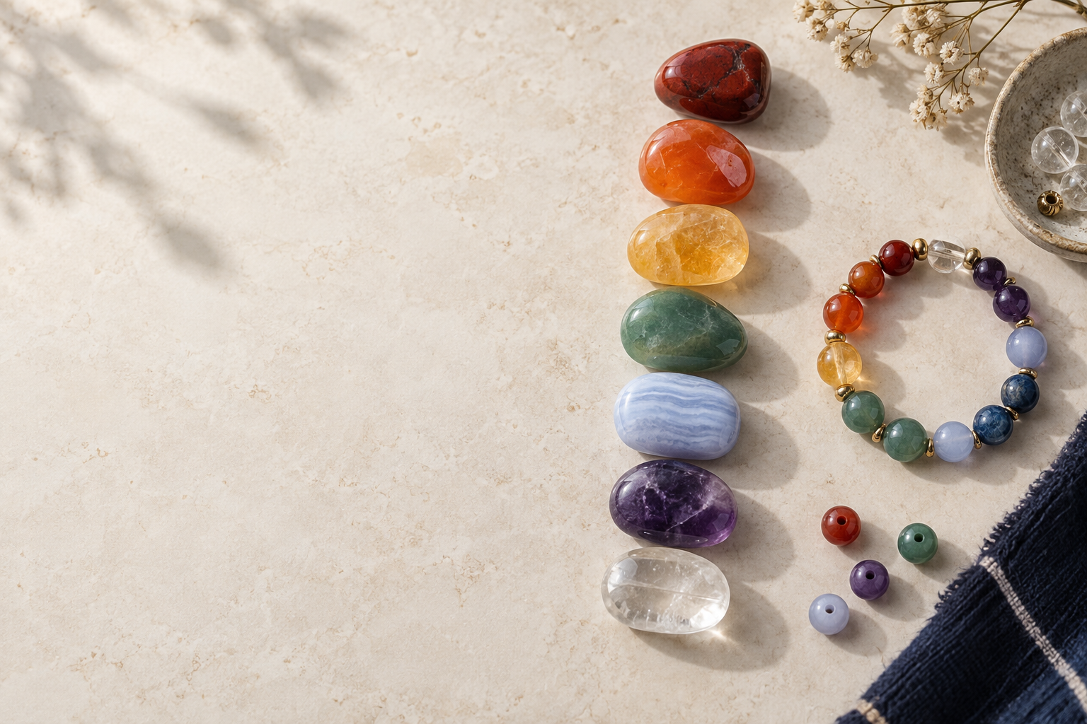 Sept pierres naturelles colorées et bracelet sur une table claire