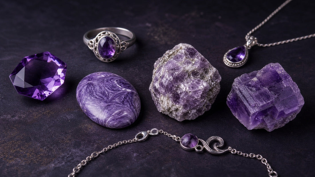 Améthyste, charoïte, lépidolite et fluorite violette accompagnées de bijoux en argent