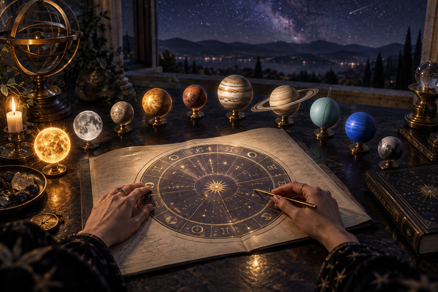 Personne étudiant une carte du ciel entourée de sphères planétaires