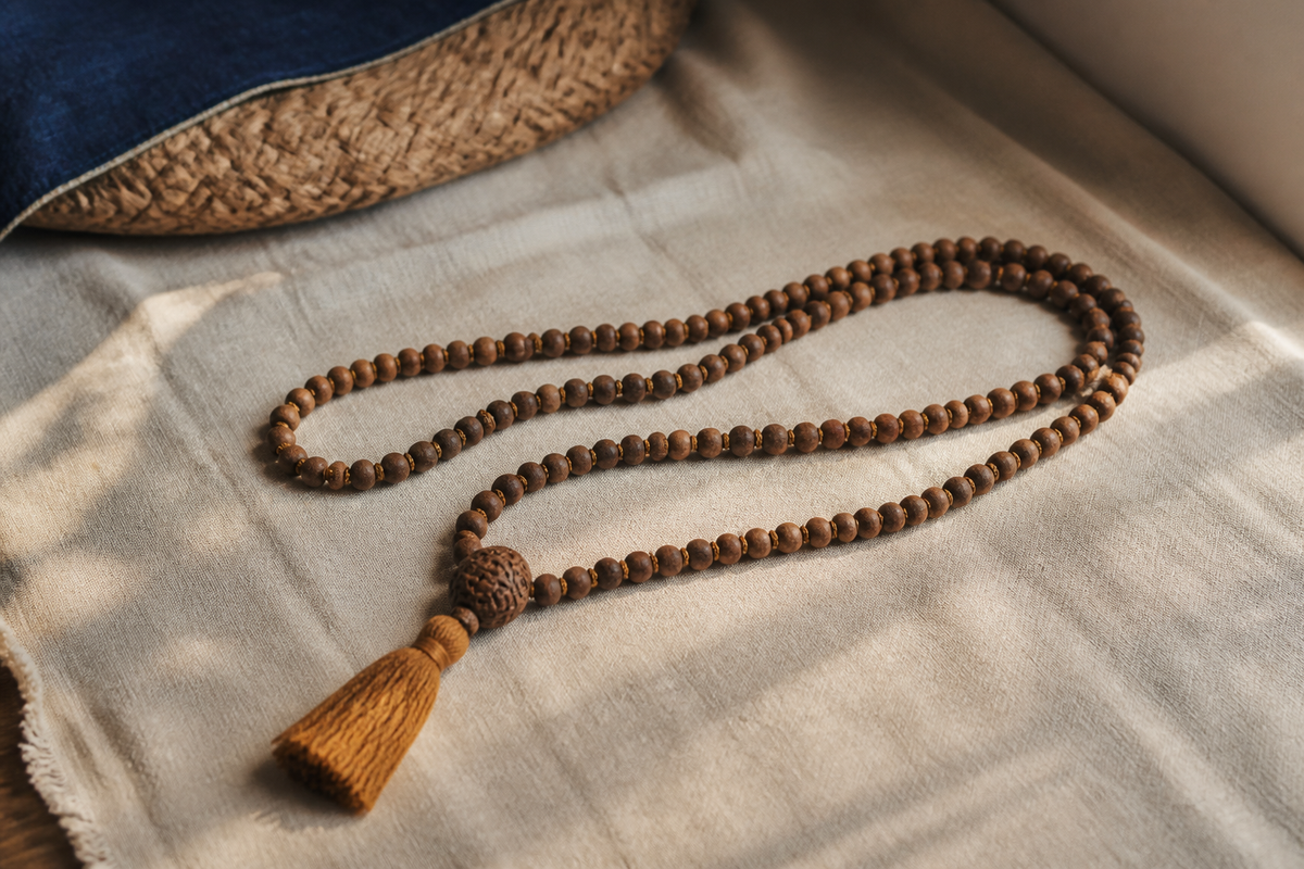 Mala traditionnel en perles de bois avec perle terminale et pompon