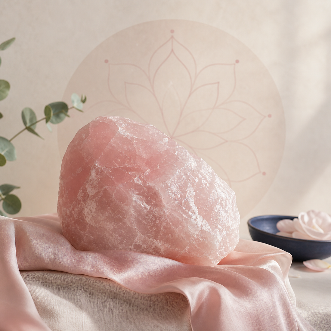 Quartz rose brut devant un motif abstrait évoquant le chakra du cœur