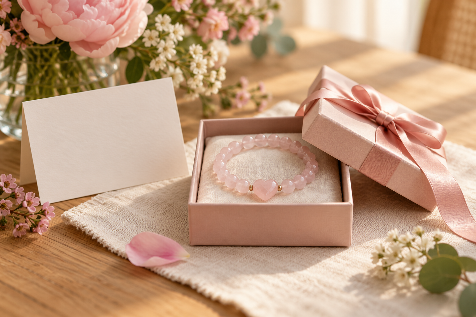 Présentation de cadeau en quartz rose pour la fête des Mères, illustration.
