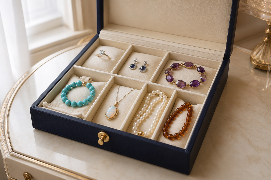 Bijoux en pierres naturelles rangés séparément dans un coffret compartimenté