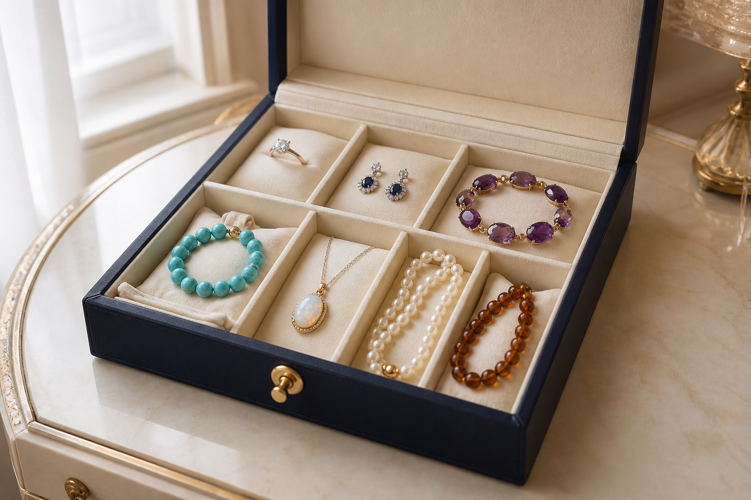 Bijoux en pierres naturelles rangés séparément dans un coffret compartimenté