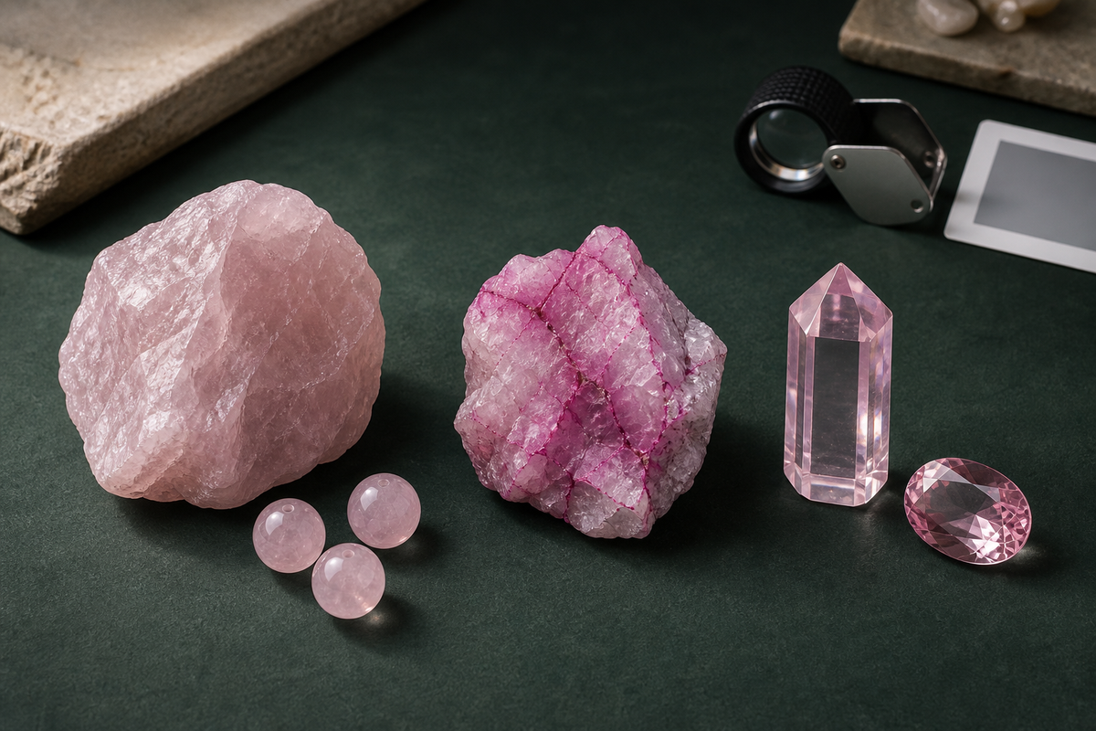 Comparaison éditoriale entre quartz rose naturel, quartz teinté et quartz synthétique