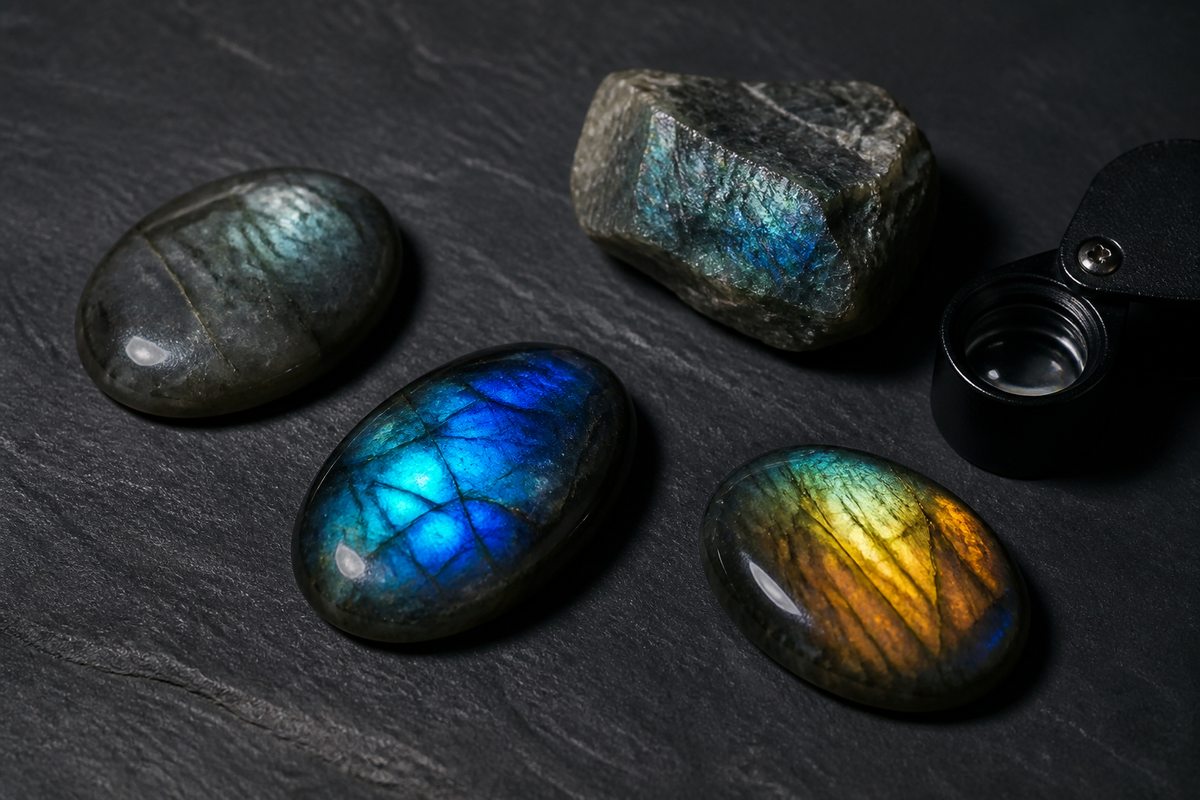 Labradorites naturelles montrant des éclats bleus, verts et dorés selon l’angle
