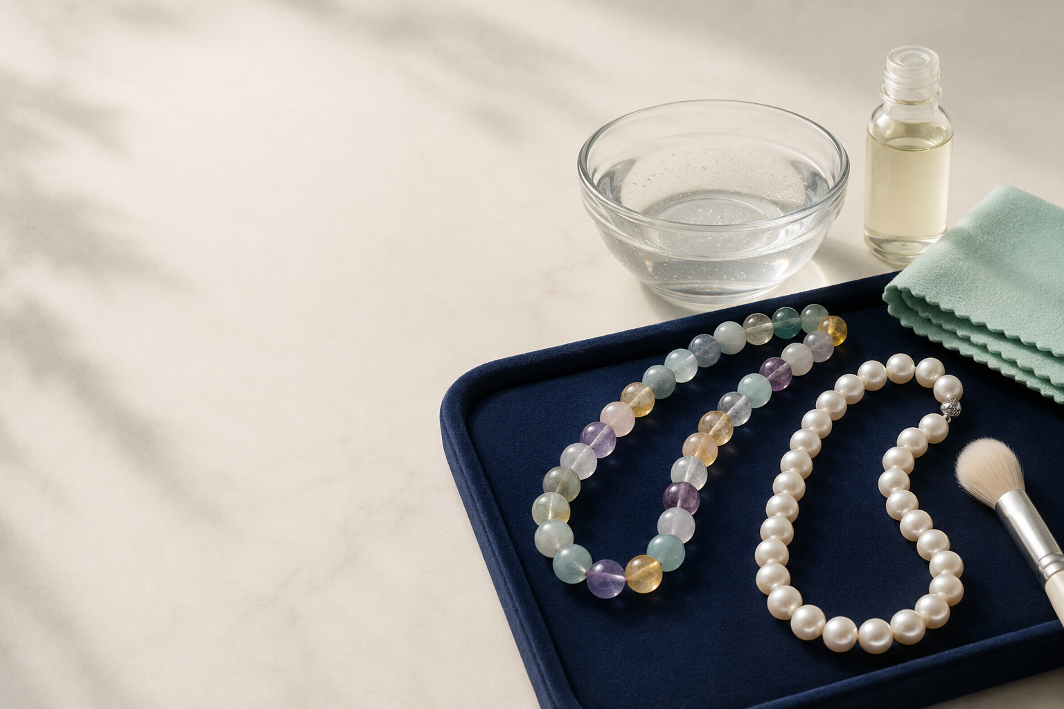 Perles en pierres naturelles et rang de perles de nacre avec matériel d’entretien doux